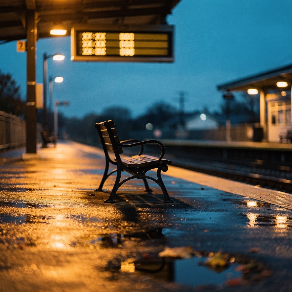 An empty commuter platform at dusk, wet with rain