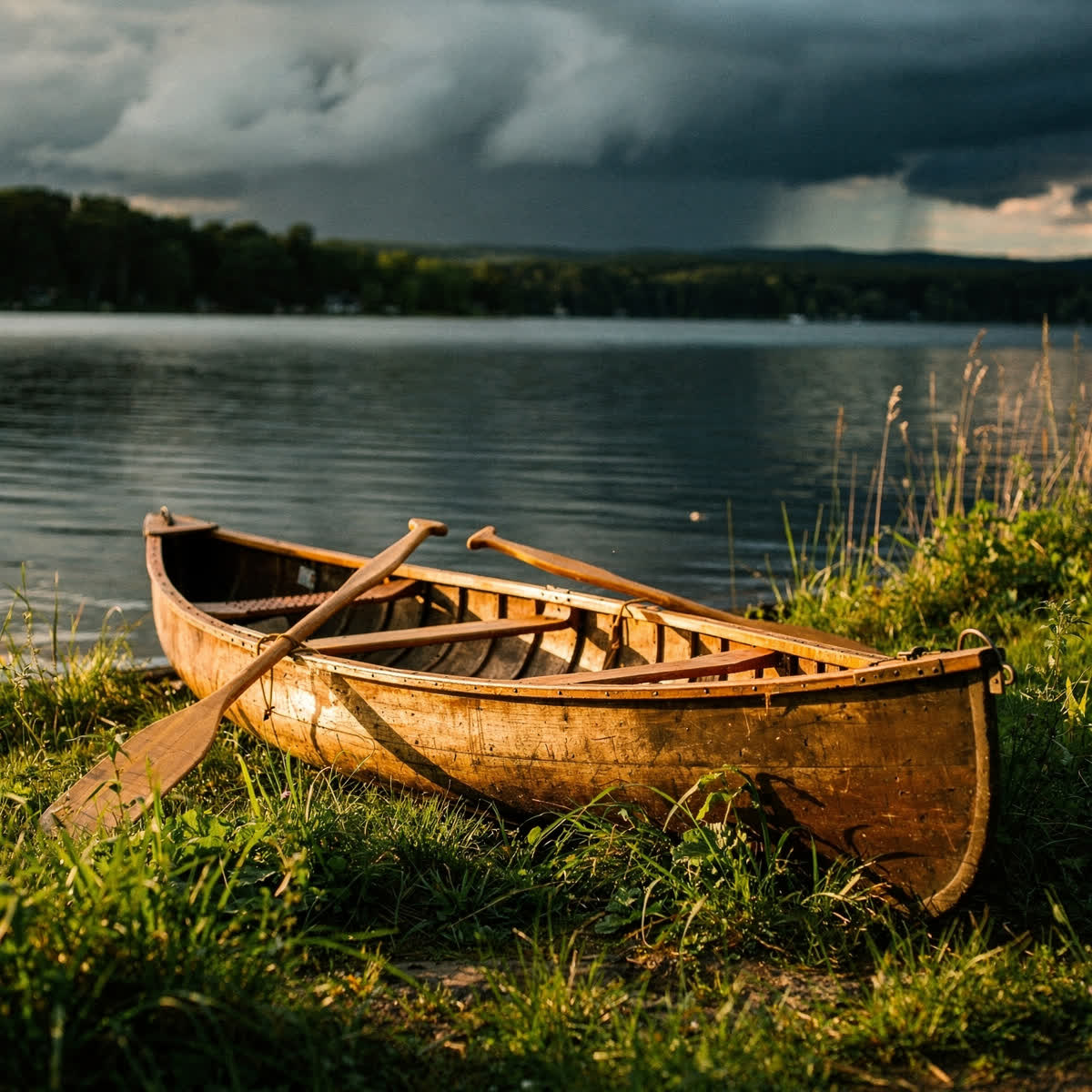 A wooden canoe on the grass at the edge of a lake, storm building
