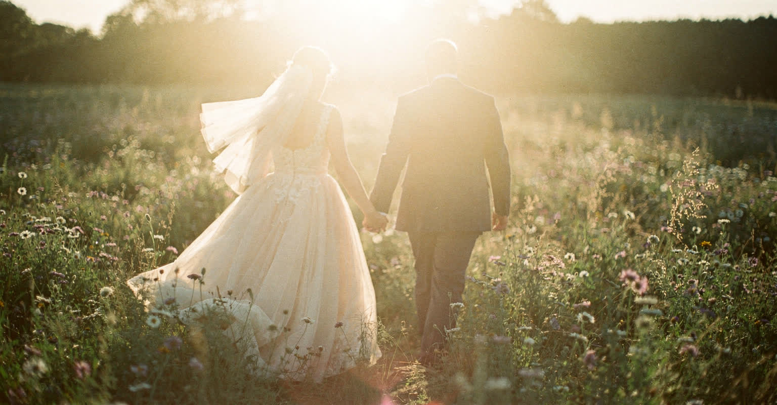 The two of us walking away through a wildflower meadow